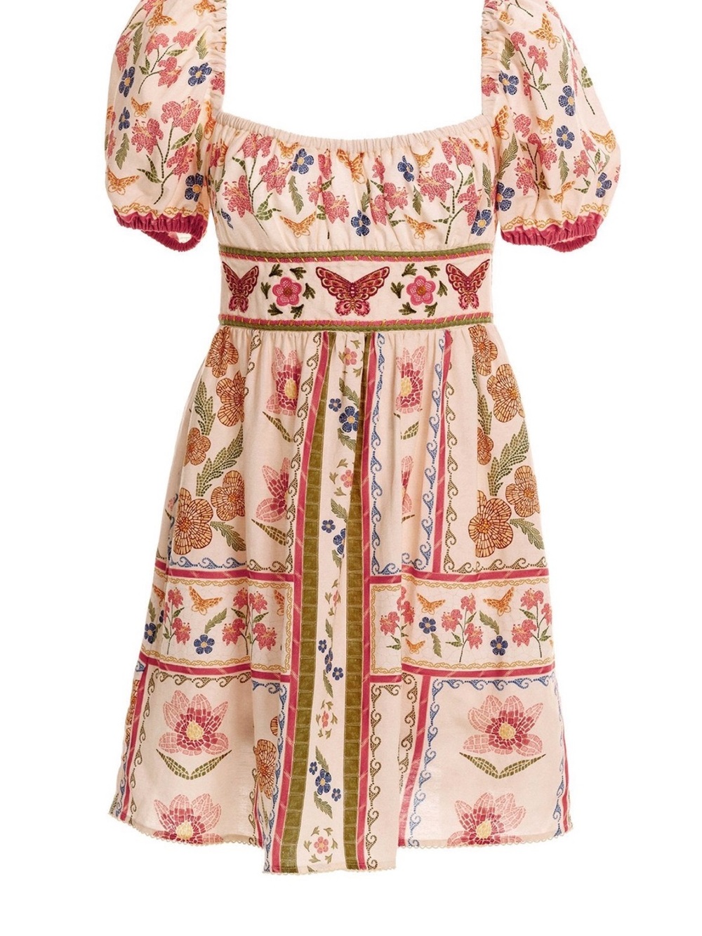 NWT Agua Bendita Floral Embroidered Puff-Sleeve Mini Dress